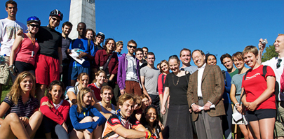 Cycling for justice: Faculty of Law students with MP Irwin Cotler, and Margaret van Nooten, a social rights worker with Project Genesis.