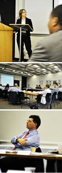Scenes from the first Cohen Seminar. Top to bottom: PhD candidate Elenor Lissel of Lund University; the participants; Prof. François Crépeau, holder of the Oppenheimer Chair in International Law.