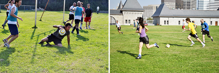 A friendly soccer game pitting First Years vs Upper Years and profs closed the first day of orientation