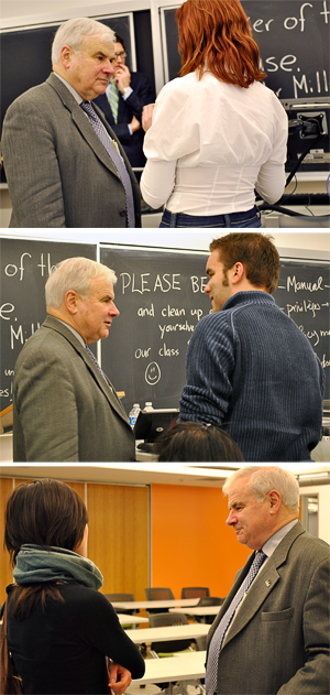 Photos of Peter Milliken speaking with McGill Law students after his presentation