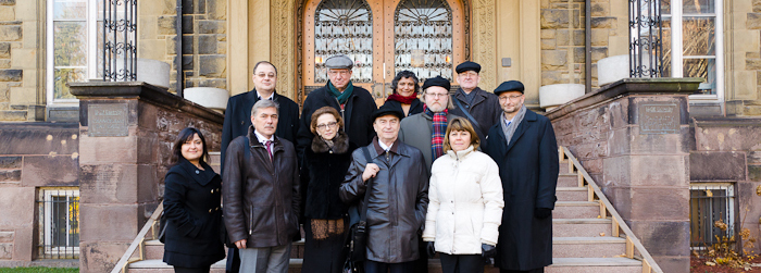 Russian delegation in front of Old Chancellor Day Hall.