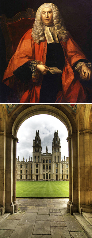 Top: Sir William Blackstone's portrait, which hangs in the National Portrait Gallery. Bottom: a view of All Soul's, courtesy of Sergio Morchon, Flickr Creative Commons.