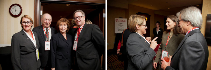 Principal Suzanne Fortier with Donald Seal, the Hon. Barbara Seal, and Mark Weinstein. PHOTO 2: Principal Fortier in conversation with Tina Hobday.