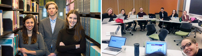 Photo 1: Rachelle Bastarache, Brodie Noga, Anna Gilmer. Photo 2: des étudiant.e.s s'affairent à effectuer de la recherche juridique