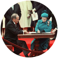 PE Trudeau and Queen Elizabeth sign the repatriated constitution