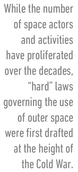 While the number of space actors and activities have proliferated over the decades, “hard” laws governing the use of outer space were first drafted at the height of the Cold War.