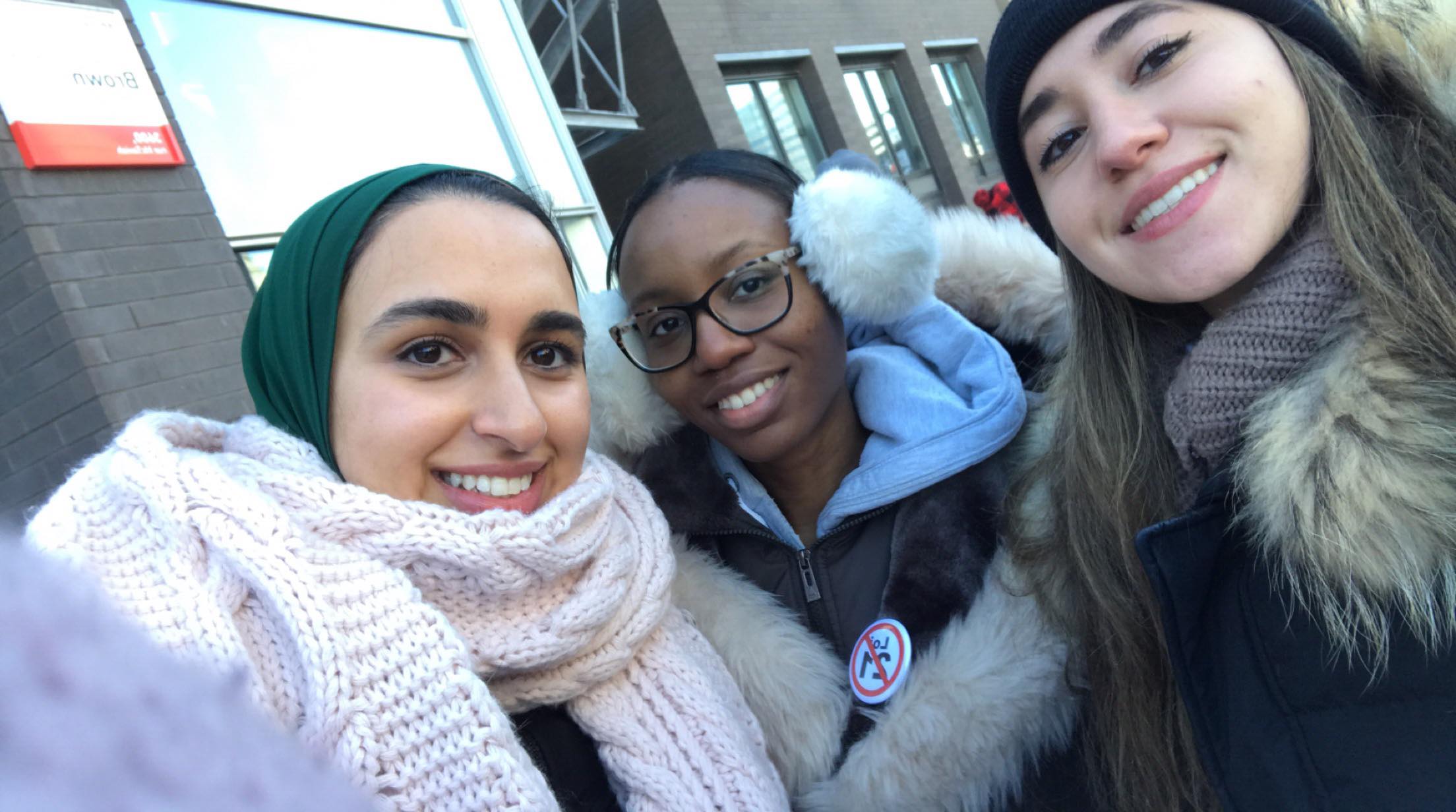 Asiyah Siddique and two other law students protest against Quebec's Bill 21